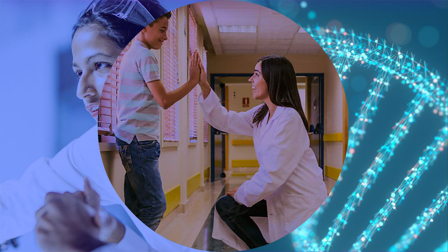 A scholarly scientist, a brilliantly lit portion of a double helix, and a smiling healthcare worker high-fiving a young boy.